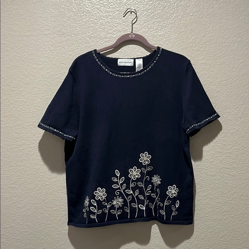 Alfred Dunner Women's Short Sleeve Casual Top Blue Embroidered Flowers SZ L Y2K